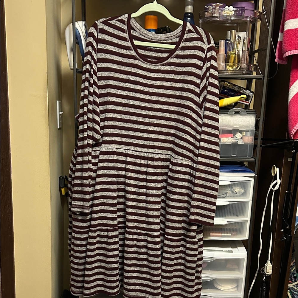 Torrid Maroon and Gray Striped Long Sleeve Dress